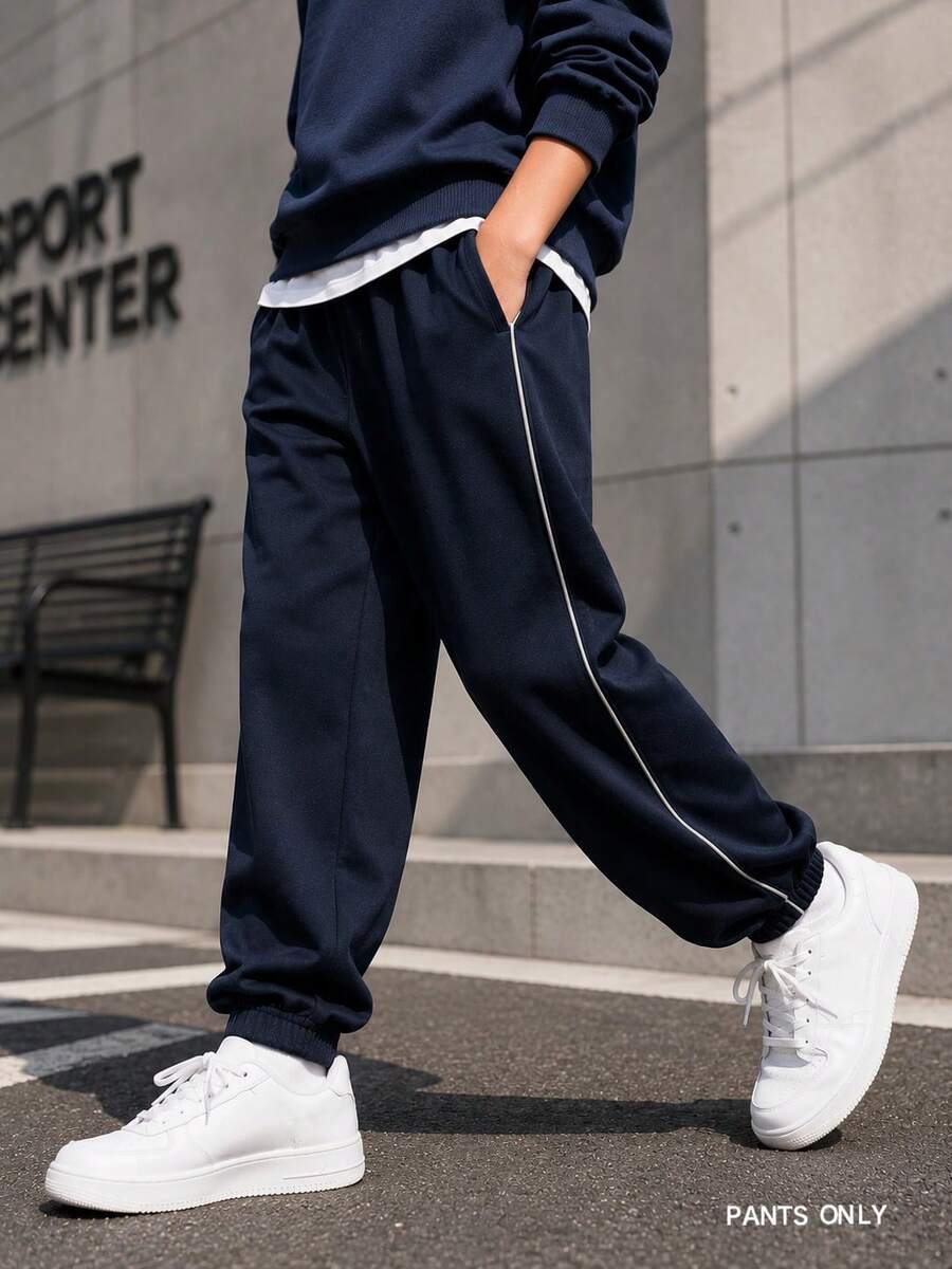 小男孩休閒簡約百搭學院風斜口袋皇家藍長褲,適合度假、旅行、運動、學校及日常穿著 - 寶藍色 - 查看 1