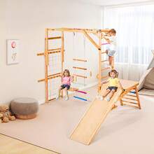Indoor Playground Jungle Gym, 8-In-1 Wooden Indoor Playground Playset, 220LBS Loading Montessori Climbing Toys With Swing, Slide, Monkey Bar, Gym Rings, Wooden / Rope Ladder, Climbing Net & Bar - Colorful, 8-in-1, L - View 9