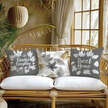 Ensemble de 4 housses de coussin vintage gris-brun avec motif feuille Sweet Home, imprimé unilatéral en velours peau de pêche, 45*45CM/18*18 pouces, housses de coussin pour canapé en tissu moderne, décoration intérieure, décoration de fête, cadeau - Multicolore - Voir 4