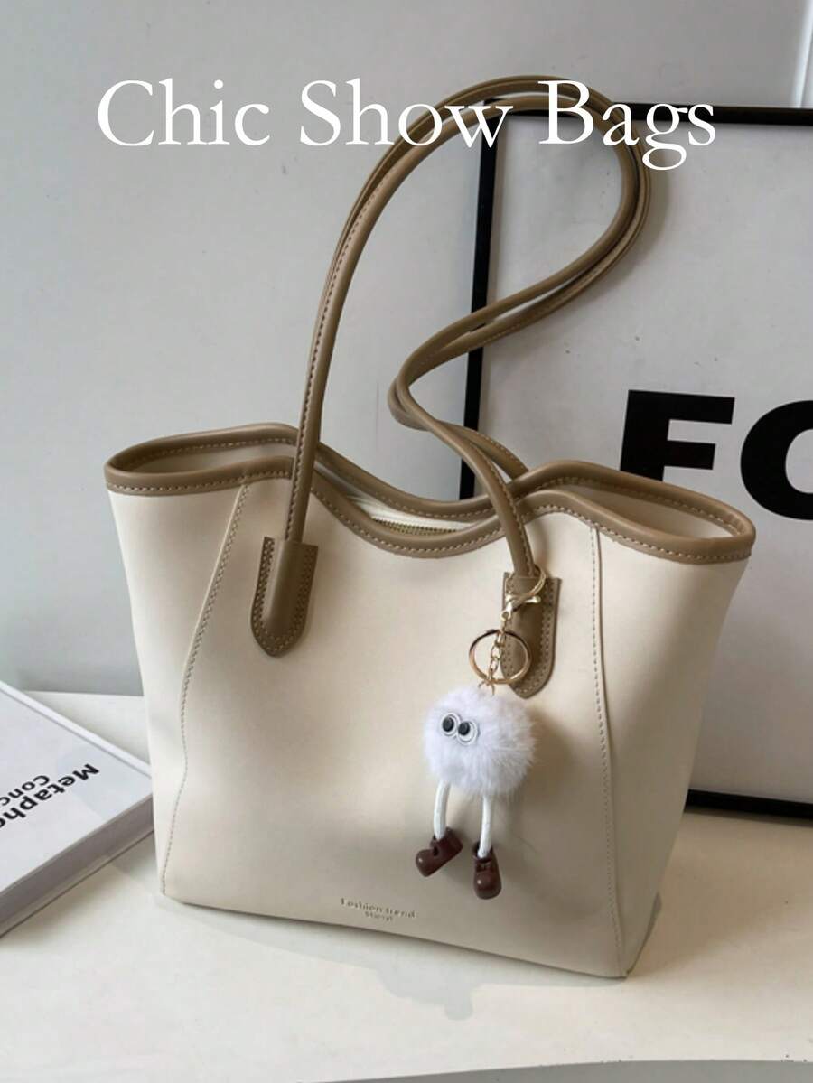 Túi tote đeo vai nữ màu trơn phối hai tông, gắn charm búp bê quái vật lông xù, khóa kéo, dung tích lớn, phong cách ngọt ngào, túi xách đi làm văn phòng và mua sắm hàng ngày