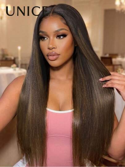 UNice Ombre Chestnut Brown Yaki Straight Put On And Go Glueless Wig 7x5 Bye Bye Knots Lace Frontal Wig 100% Human Hair Wigs With Invisi Drawstring Pre Cut Pre Plucked Bleached 150% Density Beginner Friendly For Women