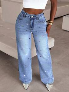 2025 Autunno/Inverno Nuova Moda Jeans a Gamba Larga con Decorazione in Strass - Eleganti Pantaloni in Denim a Gamba Dritta da Donna per Feste & Uso Quotidiano Casual Vacanze Primavera Autunno - Lavaggio chiaro - Visualizzare 2