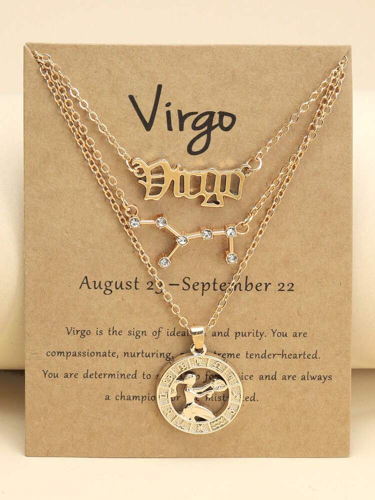 3pcs Stackable Zodiac Symbol Pendant Collarbone Chain Necklace Set, Birthday Gift For Women, Gold Plated Necklace Set - Yellow Gold - View 9