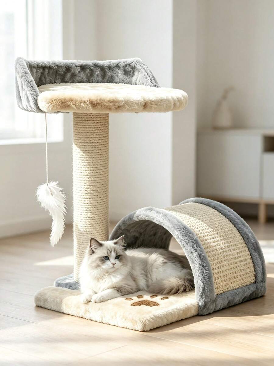 Multi-Functional Cat Tree Tower, Sisal Wrapped Scratching Post, Arch Shape Cat Scratcher Tunnel, Soft Plush Rest Perch Platform With Hanging Mouse Feather Toy, Indoor Furniture For Small Medium Cats Kittens