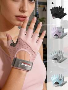 Ueasy 2pcs Women's Non-Slip Half-Finger Fitness Gloves, Breathable Micro-Pore Material & Gel Palm Padding, Adjustable Hook & Loop Wrist Strap, Multi-Function Gloves Suitable For Weightlifting, Cycling, Pull-Up Training - Multicolor - View 2
