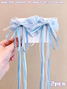 2pcs Macaron Color Satin Pearl Luster Tulle Long Ribbon Bow Hair Clips, Suitable For Children, Non-Slip Alligator Hair Clip Base, Multiple Colors Available, Children's Daily Accessories/Performance/Photography - Multicolor - View 14