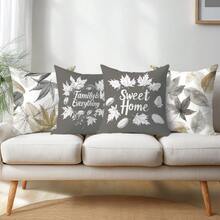 Ensemble de 4 housses de coussin vintage gris-brun avec motif feuille Sweet Home, imprimé unilatéral en velours peau de pêche, 45*45CM/18*18 pouces, housses de coussin pour canapé en tissu moderne, décoration intérieure, décoration de fête, cadeau - Multicolore - Voir 7