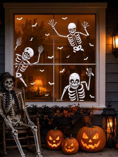 Halloween Window Decoration Skeleton Stickers 4pcs 3pcs Giant Skeleton Window Decals, Scary White Skeleton Window Stickers, Suitable For Indoor Bedroom Door Decoration, Home Haunted House Party Supplies