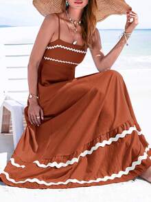 PRETTYGARDEN Women's Summer Flowy Maxi Dress Vestidos Casual Sleeveless Strap Ruffle Wedding Guest Graduation Beach Party Travel Vacation Long White Dresses - 鐵鏽色 - 查看 2