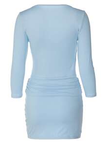 Women Solid V Neck Ruched Long Sleeves Causual 2 Pcs Sets Fall Winter Going Out Outfits - Blue - View 5