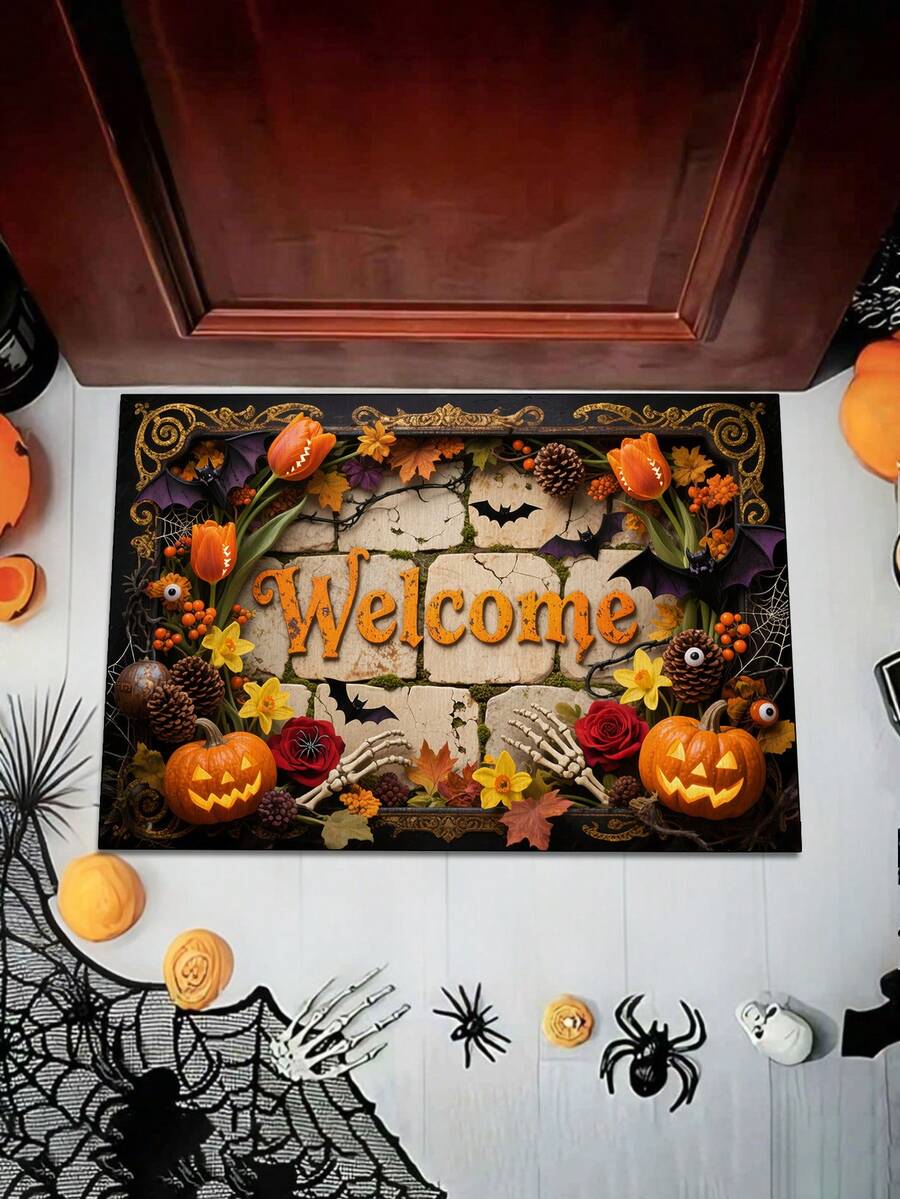 1pc Pumpkin Red Rose Doormat, Welcome Mat, Rug, Floor Mat, Universal Door Mat, Bedroom Carpet, Area Rug - Multicolor - View 1