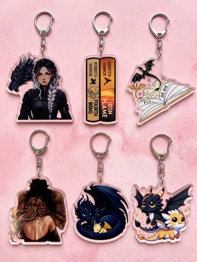 1pc/6pcs "Fourth Wing" And "Iron Flame" Series Themed Acrylic Keychains, Featuring Classic Book Cover Designs, Dragon Elements, Plot Illustrations, High Transparency Material, Irregular Silhouette, High-Definition Printing With Exquisite D-Shaped Buckle, Fashionable Multi-Functional Bag Charm, Suitable For: Back To School, Book Fan Gifts, Exquisite Collection, All Seasons.