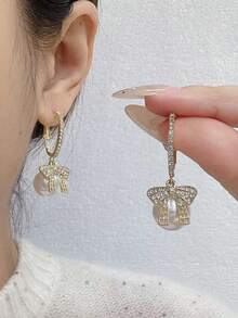 5 Pairs Premium Luxury Cat Eye Rhinestone Geometric Earrings Set, Full Rhinestone Design Delicate Bow Stud Earrings, Suitable For Women's Daily And Party Wear - Gold - View 3