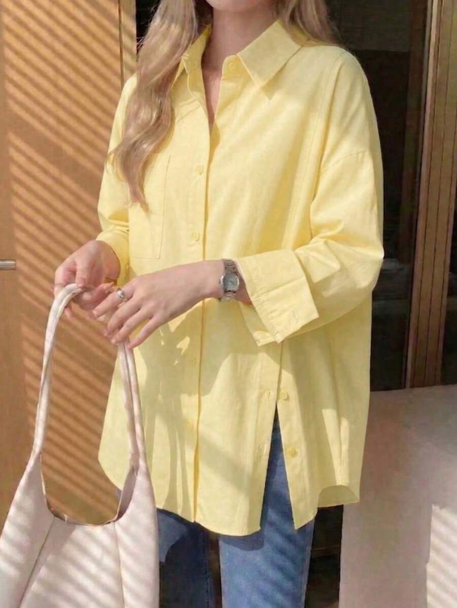 Plus Size Women's Solid Loose Button Front Shirt, Collared Slit Long Sleeve Top With Pockets For Business, Office, Home, Daily, Spring Summer Fall Win - Yellow - View 1