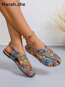 PWIIMG Women's Bohemian Vintage Style Elastic Strap Flat Sandals, Fashion Cross Strap Colorful Random Print Pattern Summer Sandals, Closed Toe Hollow Out Sandals, Casual Vacation Beach Shoes, Women's Sports Sandals, Lightweight Comfortable Summer Commute Cloth Shoes, Indoor Home Wear, Street, Outdoor Walking, Commuting - Multicolor - View 5