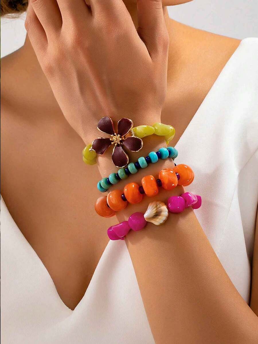 1pc/4pcs Bohemian Dopamine Colorful Beaded Bracelet Set, Floral Shell Vacation Style Layered Bracelets - Beaded Bracelet - View 1