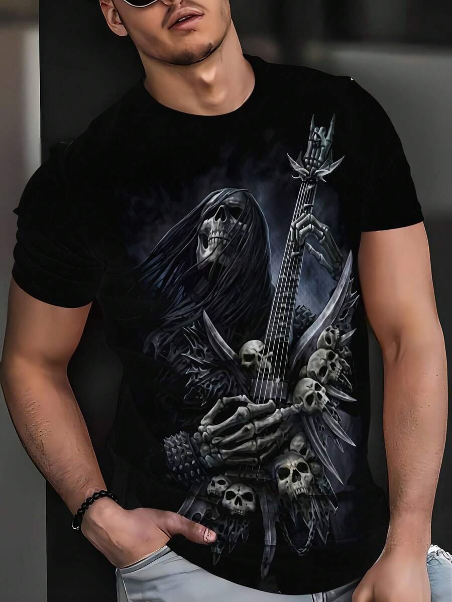 Men's T-Shirt | Skull Print, Creating A Terrifying Halloween Atmosphere. Printed Round-Neck T-Shirt, Breathable And Comfortable. - Hitam - View 1