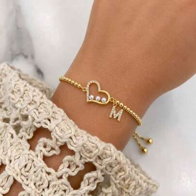 1pc New Classic Hollow Heart Initial Pendant Golden Adjustable Bead Chain Bracelets For Women