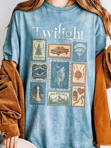 Vintage Twilight Movie Women T-Shirt, Retro Vampire And Wolves Graphic Tee, Y2K Oversized Classic 2000s Film Aesthetic Apparel, GothicHorror Romance - 淺藍色1 - 查看 3