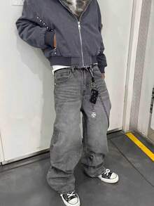 Teen Boy Retro Casual Loose Wide Leg Denim Jeans With Pockets - Grey - View 4