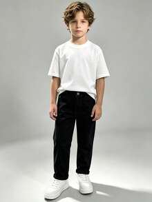 Young Boy 2-8 Years Casual Black Straight Leg Jeans With Elastic Waistband, Built-In Adjustable Elastic Waist, Classic Versatile Kids Washed Denim Long Pants - Black - View 16