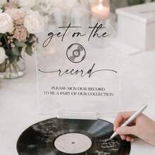 1pc Personalized Acrylic Wedding Sign - "Get On The Record" Vinyl Record Style Guestbook Alternative, Custom DJ Theme Sign, Modern Transparent/White Acrylic Ceremony Reception Decor, Unique Bridal Shower Gift - 20x25cm - View 8