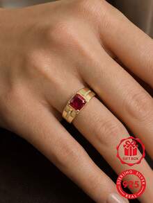 1pc 925 Sterling Silver Gold-Plated Square Cubic Zirconia Business Ring, Daily Wear Anniversary Gift, Comes With Gift Box - Gold - View 7
