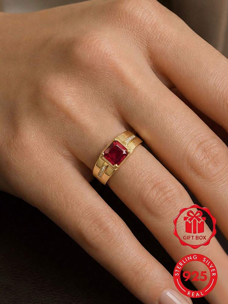 1件 925純銀鍍金方形立方鋯石商務戒指，日常配戴週年禮物，附禮品盒 - 金色 - 查看 6