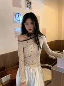 Women's Polka Dot Tie Long Sleeve Off-Shoulder Round Neck Base Layer Top (Random Polka Dot) - Apricot - View 3