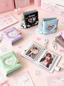 1pc Girls Heart-Shaped Cartoon Exquisite 2-Inch Pendant Mini Photo Album, Student Bow & Star Chasing ID Photo Storage Book - Multicolor - View 3