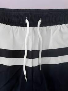 Men's Color-Block Swim Trunks (Red, White, And Navy Stripes; With Built-In Brief Liner) - Blue and White - View 11