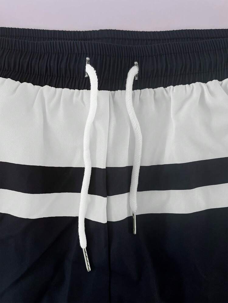 Men's Color-Block Swim Trunks (Red, White, And Navy Stripes; With Built-In Brief Liner) - Blue and White - View 10