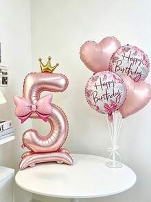 立式數位領結與生日圓形氣球套組，適用於生日派對、聚會裝飾、週年慶祝、節日慶典、背景牆、戶外派對場景佈置 - 粉紅色站立數字搭配愛心圓球蝴蝶結氣球 - 查看 9