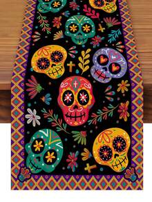 72 X 12 Inch Day Of The Dead Table Runner, Colorful Sugar Skull And Floral Pattern, Suitable For Day Of The Dead, Holiday, Home, Kitchen, Fireplace Mantel, Dining Table Decoration, Mexican Party Supplies - Multicolor - View 5