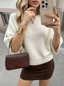 Women's Casual Autumn/Winter Solid Beige Round Neck Batwing Sleeve Knit Sweater With Button Design/Daily Commute Office Pullover - Apricot - View 4