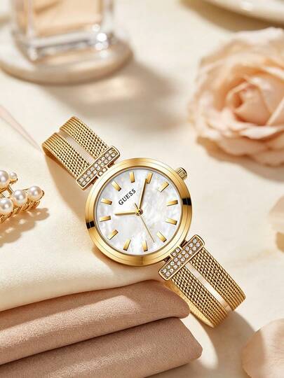 Ladies GUESS All Gold Mesh Strap Wristwatch, White MOP Dial Bar Hour Markers Rhinestone Decor Buckle Slim Luxury Dress Quartz Watch For Daily