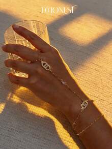 1pc Stainless Steel Gold-Tone Letter D Sparkling Zirconia Double-Layer Connected Finger Bracelet - Yellow Gold - View 1