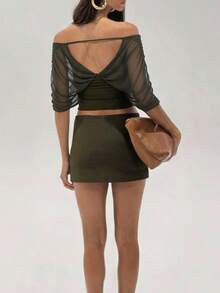 Sexy Cold Shoulder Ruched Crop Top With Bodycon Mini Skirt Set For Women, Medium Stretch Two Pieces Outfit, Perfect For A Gorgeous Fall Look - Army Green - View 5