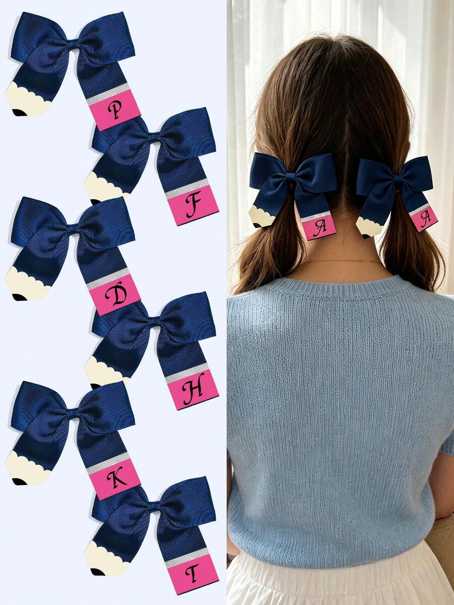 2 Stück 4 Zoll 26 Buchstaben A-Z personalisierte Bleistift-Haarschleifen, Schulanfang, Kinder Mädchen Haarschleifen mit Clips für Festivals, Partys, Schule, für den ersten Schultag