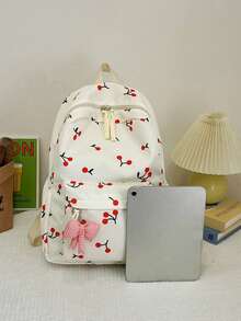 Dedoo 3pcs Cherry Print Backpack, Lunch Bag, Pencil Case Set With Bow Pendant, Multi-Layer Large Capacity, Cute Sweet Japanese Student Style, Daily Travel - Multicolor - View 10