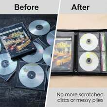 Carpeta de almacenamiento de CD de DVD, 112 soportes para discos con ranuras para etiquetas y bolsillos para cubierta, organizador de medios negro para colección en el hogar, viajes en coche - Multicolor - Ver 8
