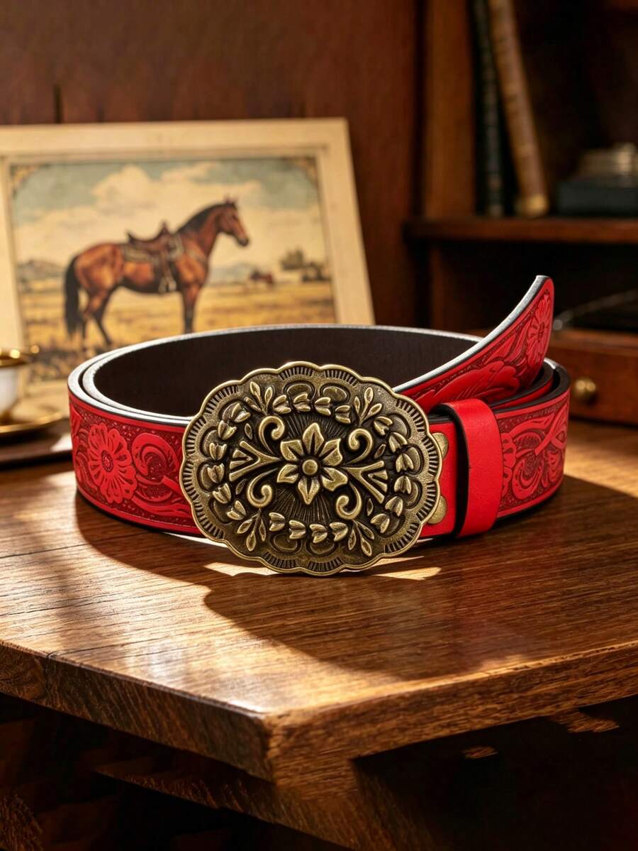 1 pièce Ceinture pour homme en PU rouge avec motif volute et boucle sculptée vintage western usée, cadeau pour la Saint-Valentin et l'anniversaire, convient pour une tenue de voyage - Rouge - Voir 1