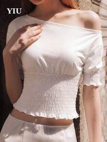 YIU Women's White Off-Shoulder Ruched Short Blouse, Half Puff Sleeve Knit Fabric Regular Length Shirt, Summer Fashion - White - View 2