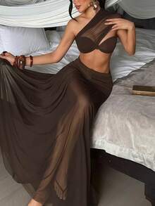 Women's Elegant Brown One-Shoulder Two Pieces Long Dress Set, Suitable For Parties - Brown - View 4