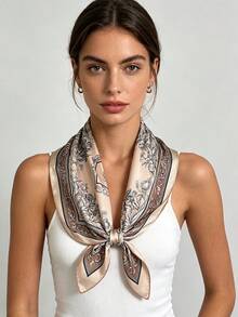 1pc 65*65cm Retro Ornate Black Line Botanical Floral Border Square Satin Silk Scarf, Thin Multi-Purpose Scarf For All Seasons, Daily Outing & Party - Multicolor - View 2