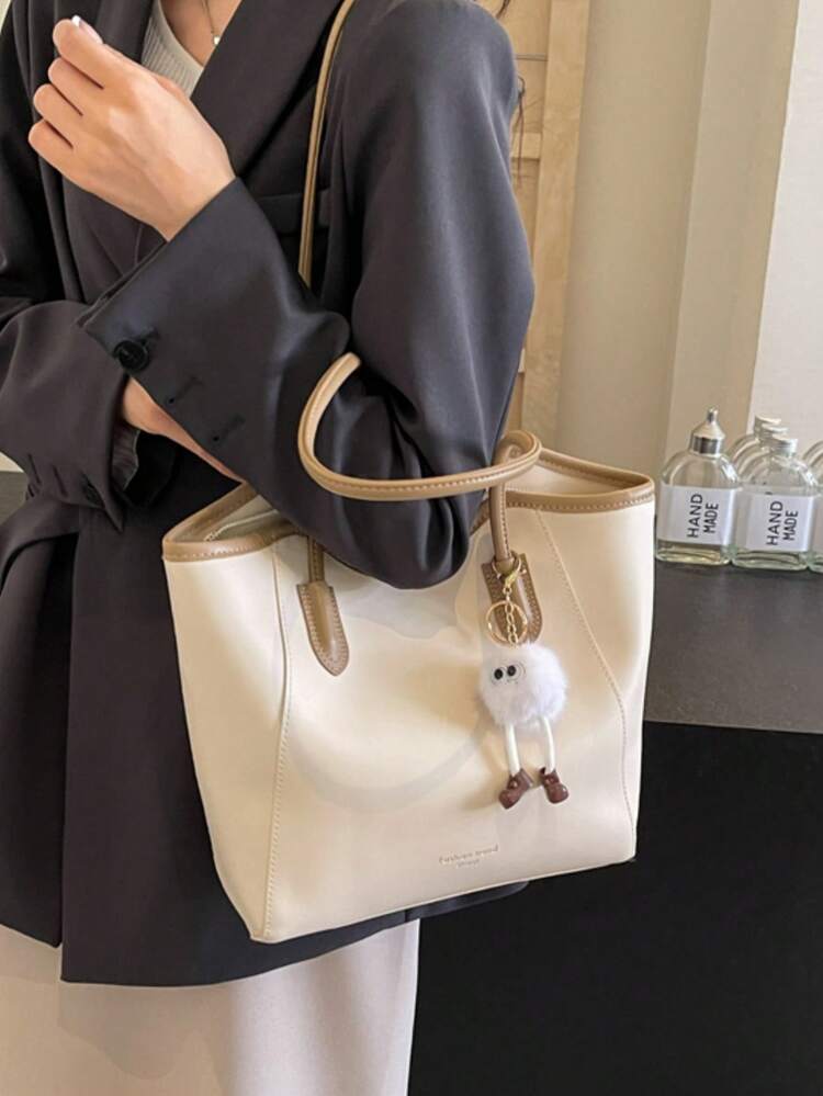 Tas Tote Bahu Wanita, Warna Polos & Dua Warna, Gantungan Boneka Monster Mewah, Penutup Resleting, Kapasitas Besar, Cocok untuk Perjalanan, Kantor Sehari-hari & Belanja - Khaki - View 3
