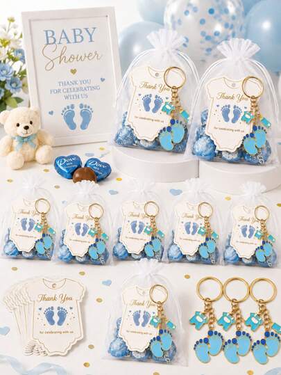 20 Sets Blue Baby Feet Keychain Baby Shower Favor Set, Includes -Shaped Thank You Card And White Gauze Bag, Suitable For Baby Boy Welcome Party, Full Moon Banquet, Birthday Celebration And Guest Souvenir