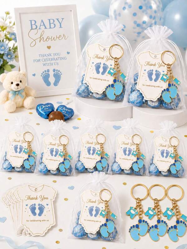 20 Sets Blue Baby Feet Keychain Baby Shower Favor Set, Includes -Shaped Thank You Card And White Gauze Bag, Suitable For Baby Boy Welcome Party, Full Moon Banquet, Birthday Celebration And Guest Souvenir
