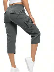 Womens Crop Cargo Pants Capri Pants Lightweight Quick Dry Stretch Tapered Hiking Trousers Casual Elastic Waist Utility Pants With Pockets - Dark Grey - View 1