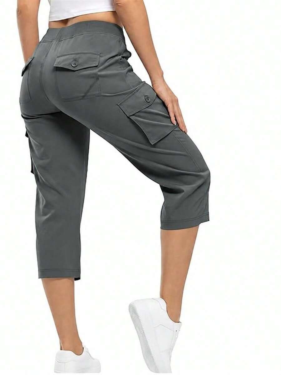 Womens Crop Cargo Pants Capri Pants Lightweight Quick Dry Stretch Tapered Hiking Trousers Casual Elastic Waist Utility Pants With Pockets - Dark Grey - View 1